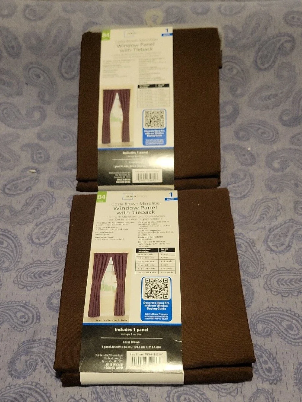 Mainstays Brown Microfiber Window Panel with Tieback - Single Panel 2 Panels NWT